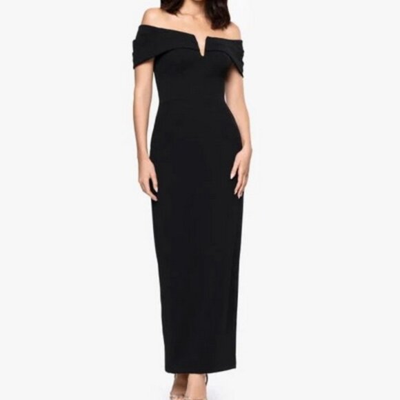Betsy & Adam Black Off the Shoulder Crepe Gown Dress